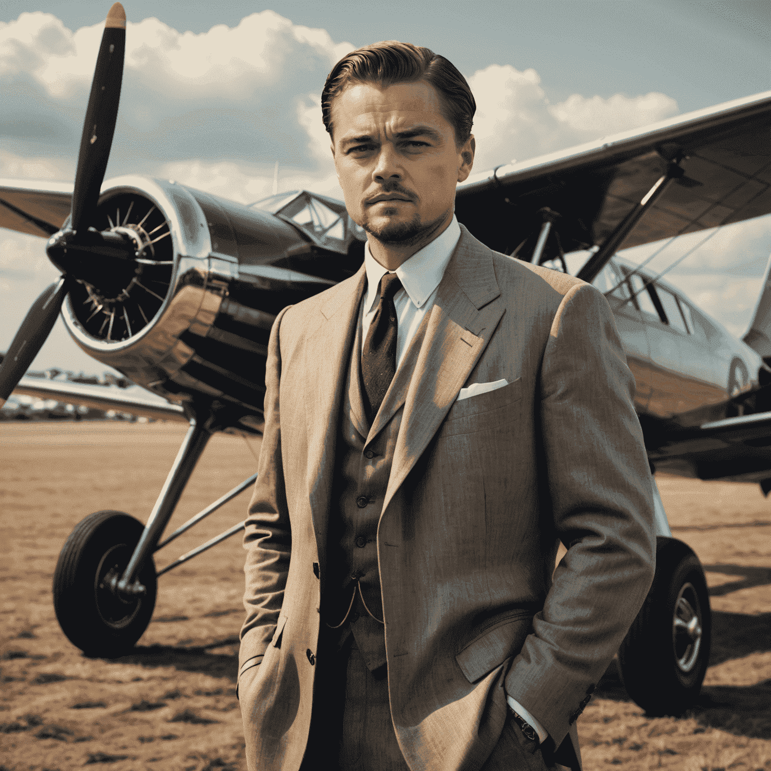 Leonardo DiCaprio in character as Howard Hughes, wearing a 1930s-style suit, standing next to a vintage aircraft. His posture and expression capture the determination and complexity of Hughes' character.