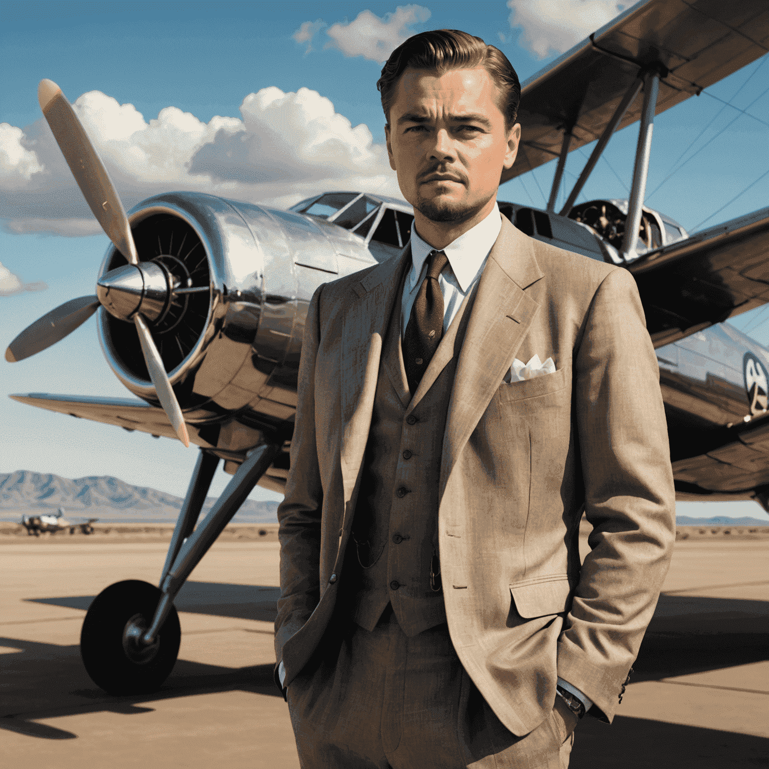 Leonardo DiCaprio as Howard Hughes in The Aviator, standing confidently in front of a vintage airplane, wearing a stylish 1940s suit