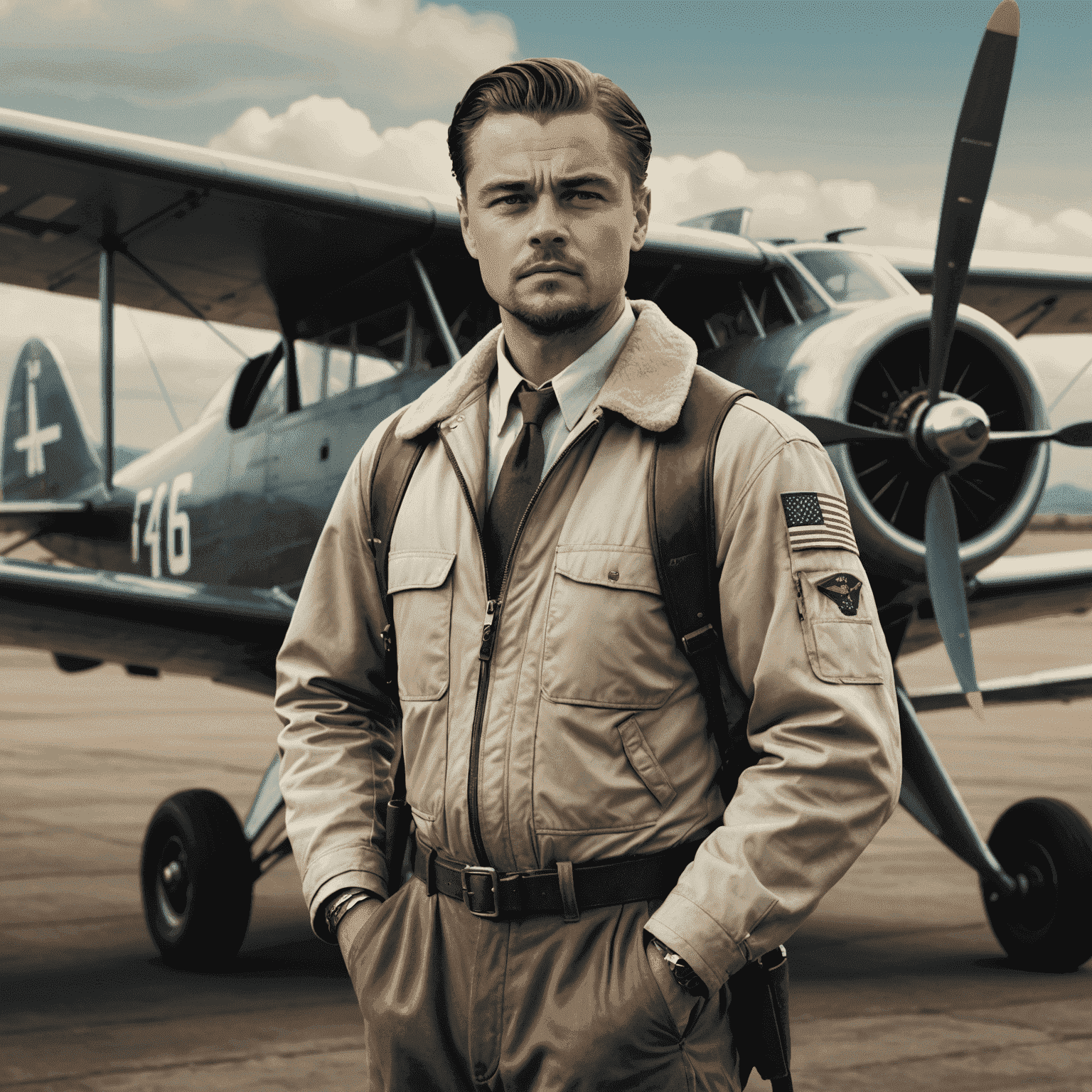 Leonardo DiCaprio as Howard Hughes in The Aviator, standing next to a vintage airplane, wearing a pilot's outfit and looking determined