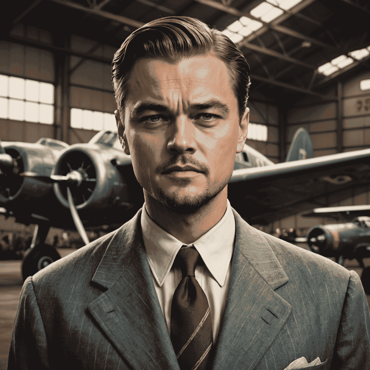 Leonardo DiCaprio in character as Howard Hughes, looking intense and focused, wearing 1940s attire in a vintage aircraft hangar setting