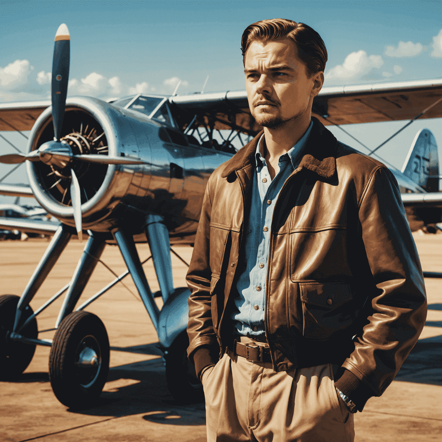 Leonardo DiCaprio as Howard Hughes in The Aviator, standing next to a vintage aircraft, looking determined and slightly disheveled