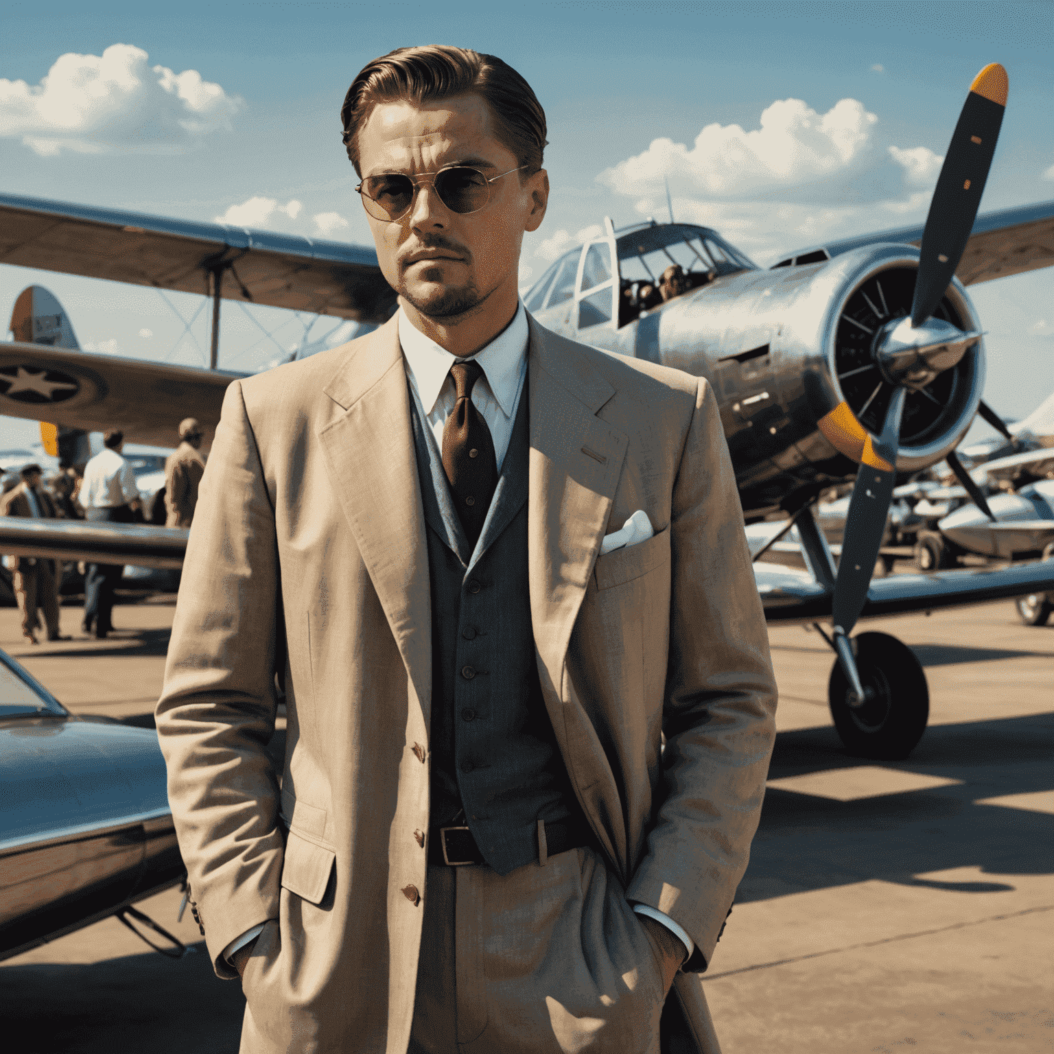 Leonardo DiCaprio as Howard Hughes on the set of The Aviator, surrounded by vintage aircraft and film equipment