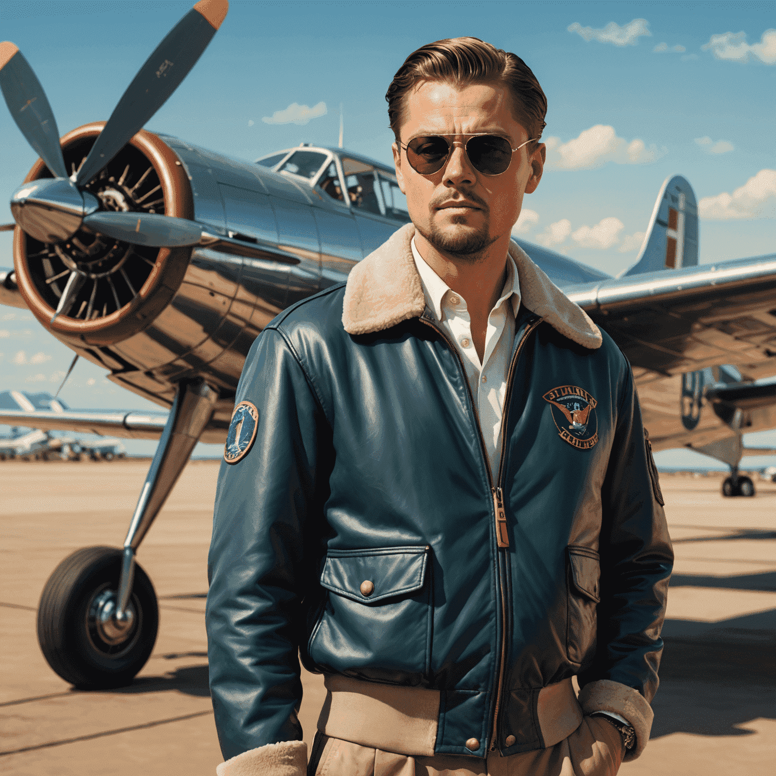 Leonardo DiCaprio as Howard Hughes in The Aviator, standing in front of a vintage airplane, wearing a pilot's jacket and sunglasses