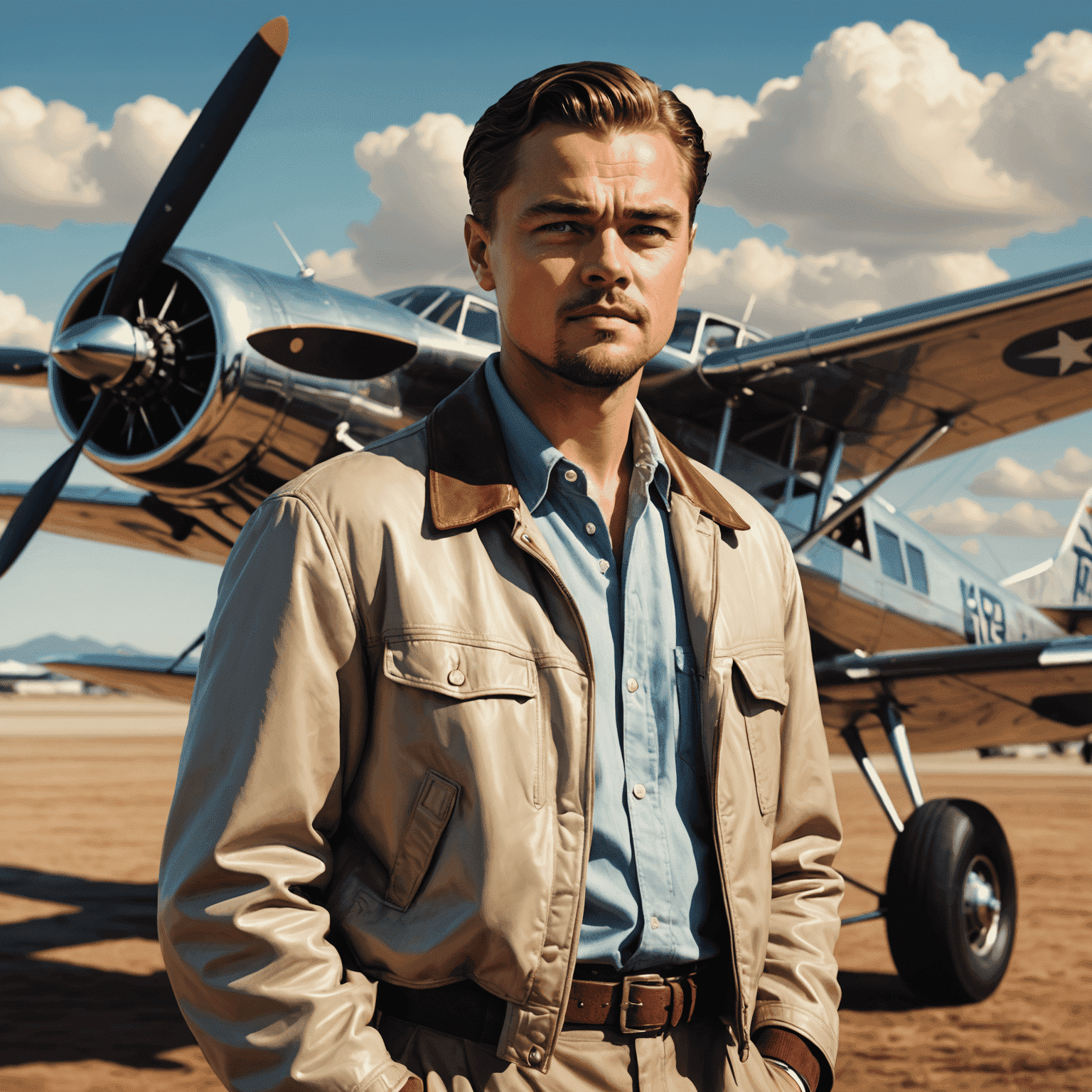 Leonardo DiCaprio as Howard Hughes in The Aviator, standing confidently in front of a vintage airplane