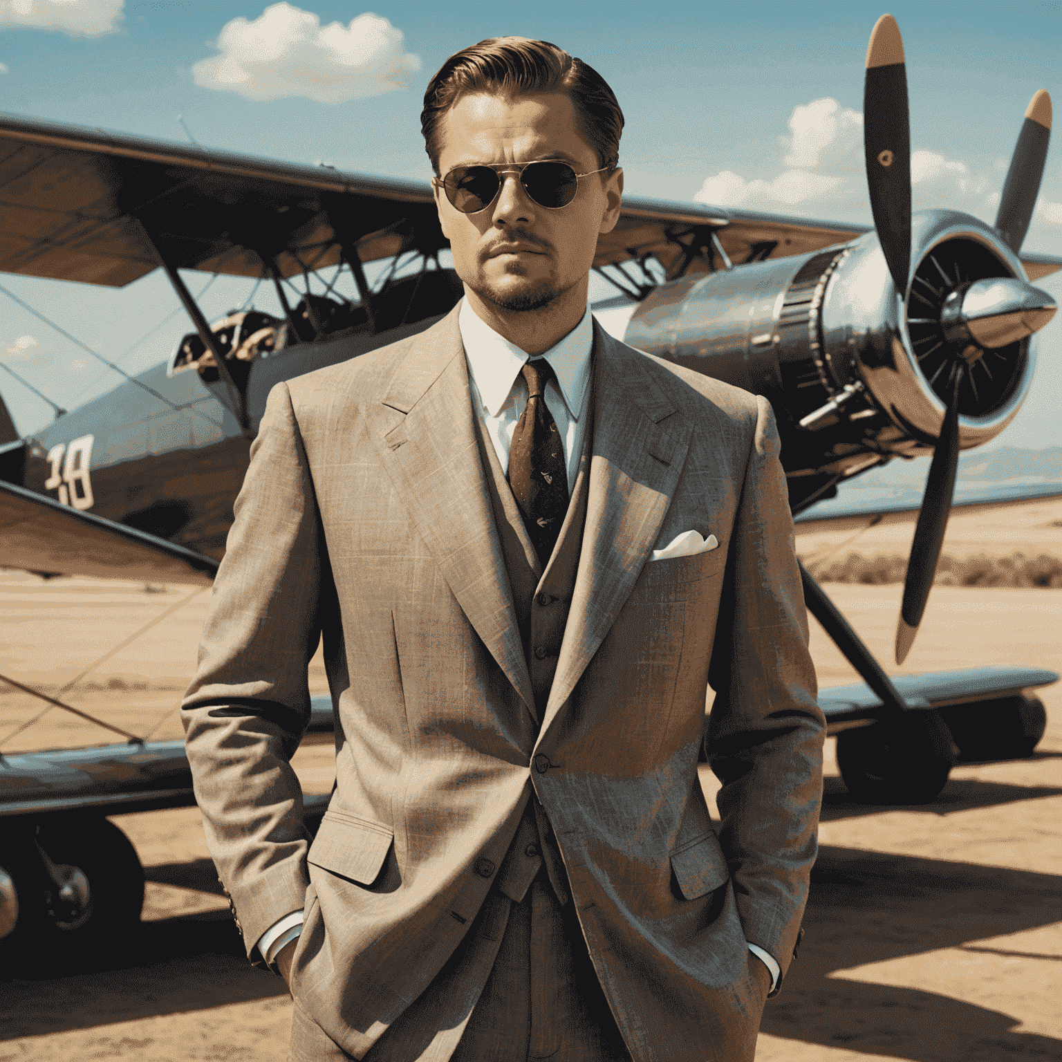 Leonardo DiCaprio as Howard Hughes in The Aviator, standing confidently next to a vintage aircraft. He's wearing a 1930s-style suit and aviator sunglasses, capturing the essence of the eccentric billionaire.