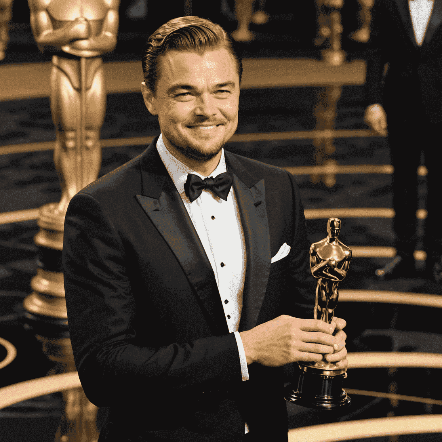 Leonardo DiCaprio holding his Oscar trophy for Best Actor, smiling triumphantly on the Academy Awards stage. He's wearing a classic black tuxedo, and the image captures the emotional pinnacle of his career achievement.