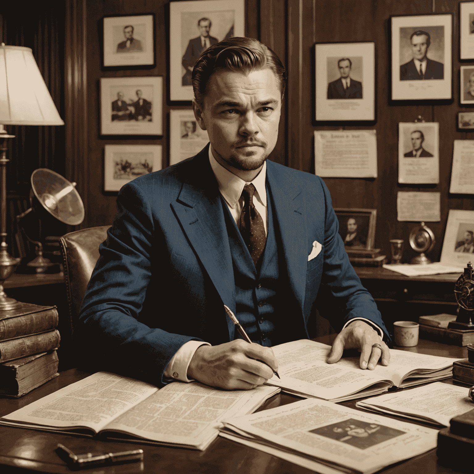 Behind-the-scenes image of Leonardo DiCaprio studying Howard Hughes' mannerisms, surrounded by historical documents and photographs