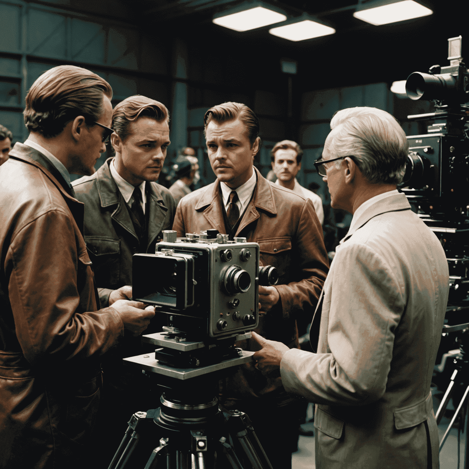 A behind-the-scenes image of The Aviator set, showing cameras, crew members, and DiCaprio in costume discussing a scene with director Martin Scorsese