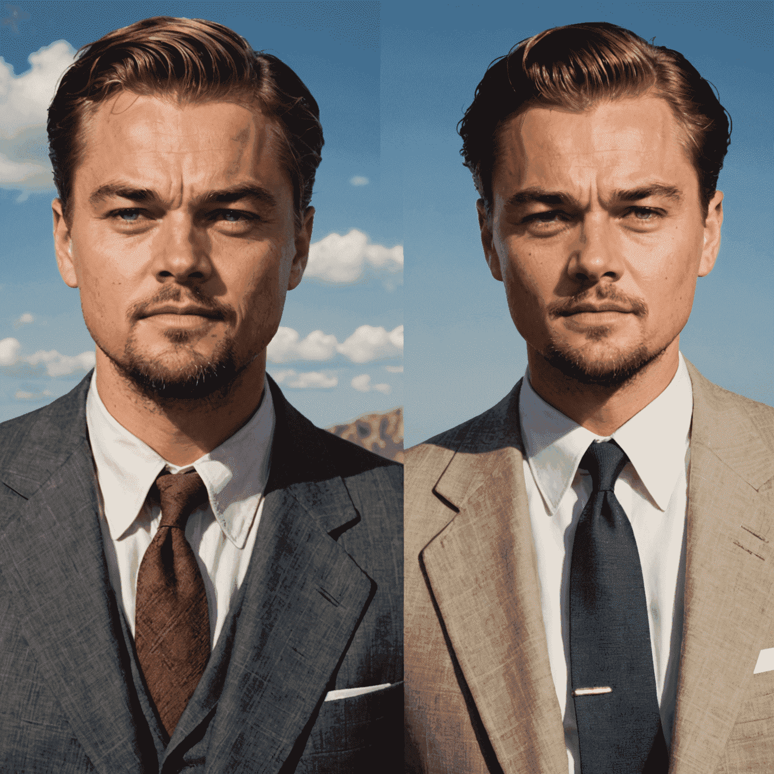 Side-by-side comparison of Leonardo DiCaprio's physical transformation, showing him as young Howard Hughes and older, more disheveled Hughes