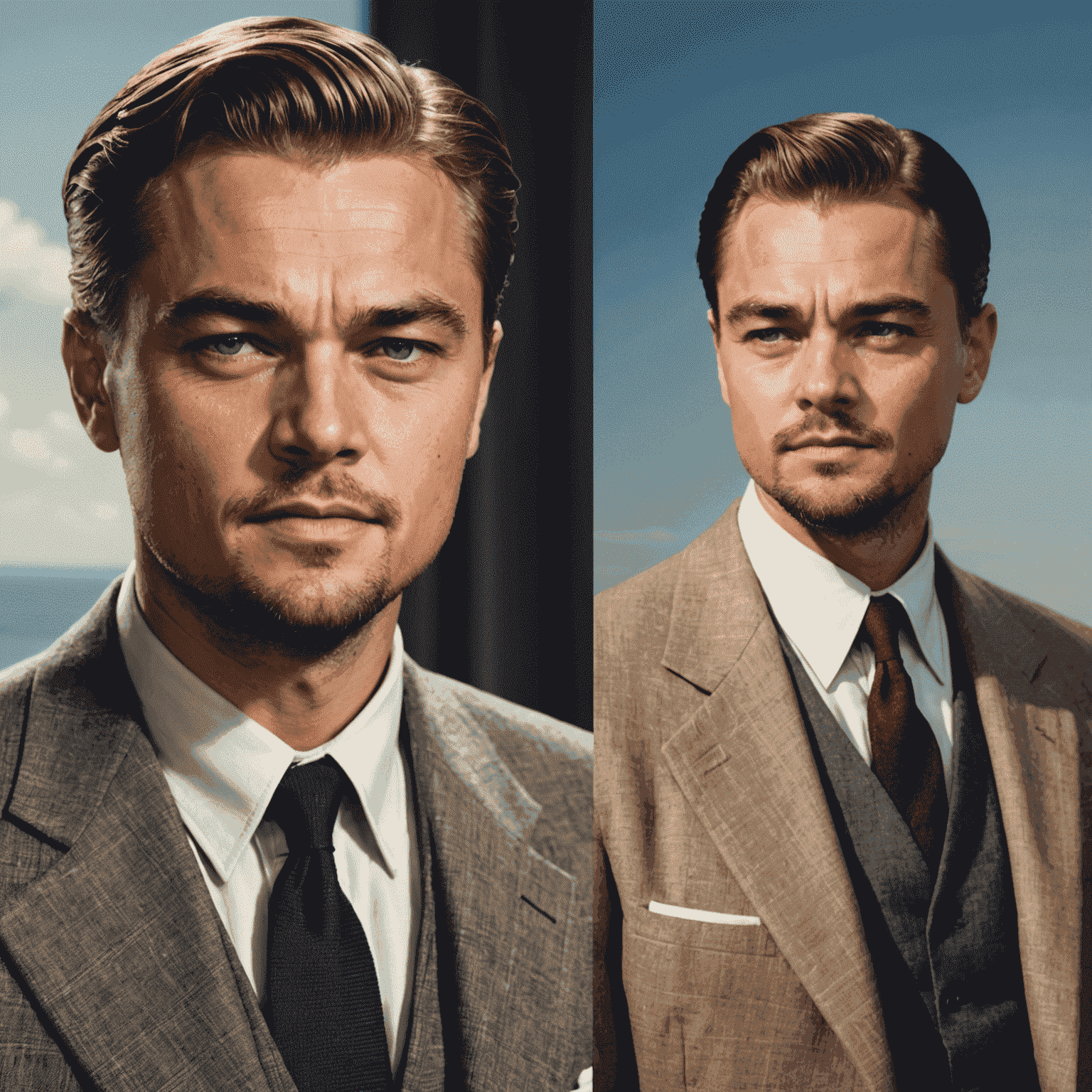 Side-by-side comparison of Leonardo DiCaprio as young Howard Hughes and older, reclusive Hughes, showcasing the physical transformation