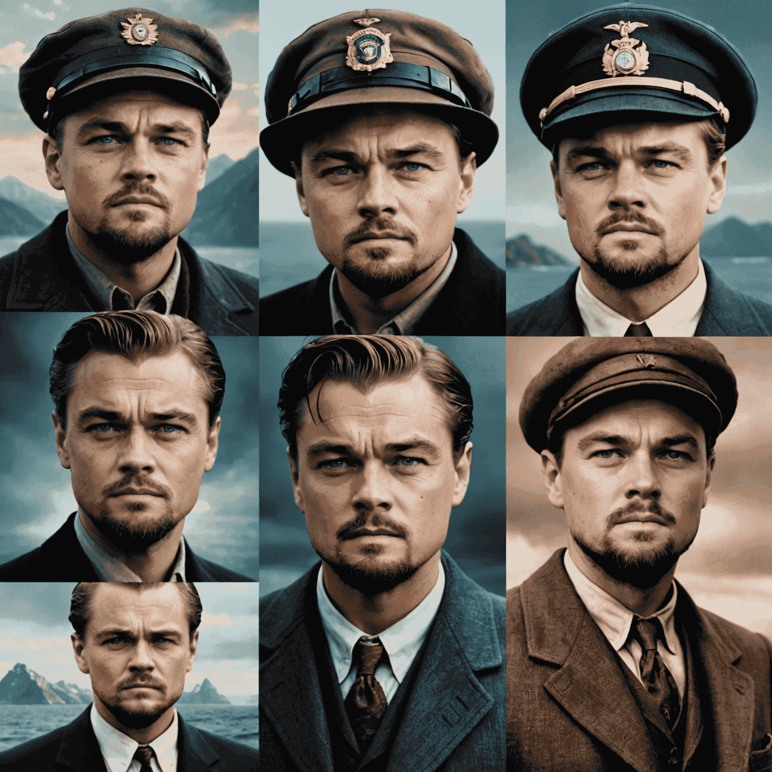 A collage of Leonardo DiCaprio in various iconic roles throughout his career, including Jack from Titanic, Howard Hughes from The Aviator, and Hugh Glass from The Revenant. The images transition smoothly, symbolizing his evolution as an actor.