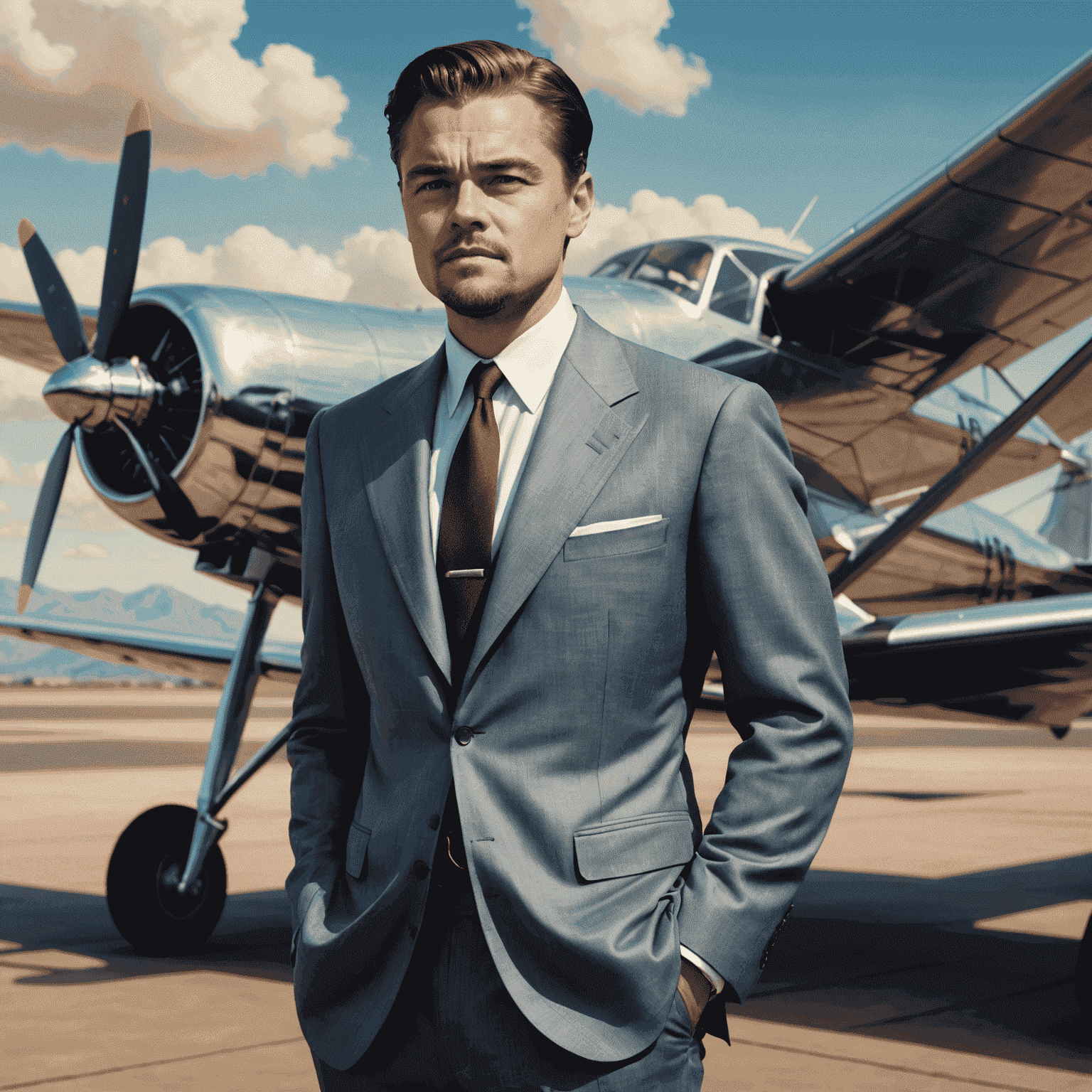 Leonardo DiCaprio portraying Howard Hughes in The Aviator, standing confidently in a suit with an airplane in the background