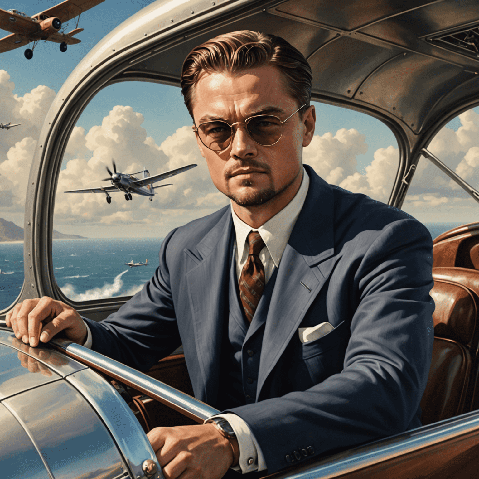 A scene from The Aviator showing Leonardo DiCaprio as Howard Hughes piloting a plane, capturing the thrill and danger of early aviation