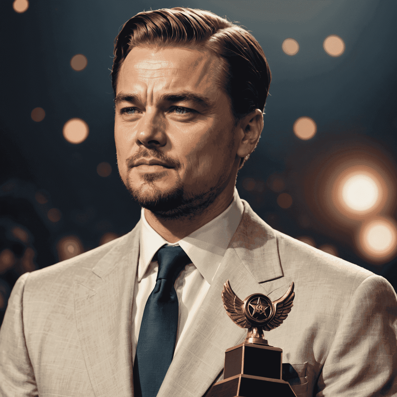 Leonardo DiCaprio receiving an award for his role in The Aviator, looking emotional and grateful on stage