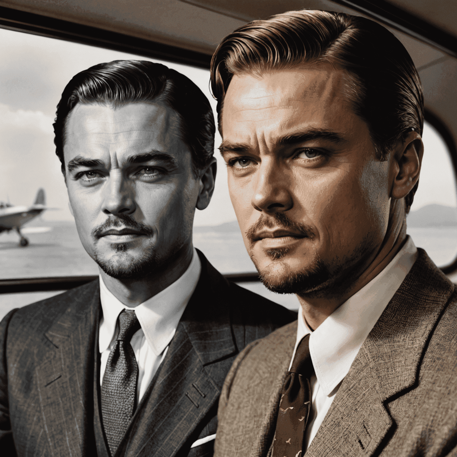 A split-screen image showing DiCaprio as Howard Hughes on one side and the real Howard Hughes on the other, emphasizing the accuracy of DiCaprio's portrayal