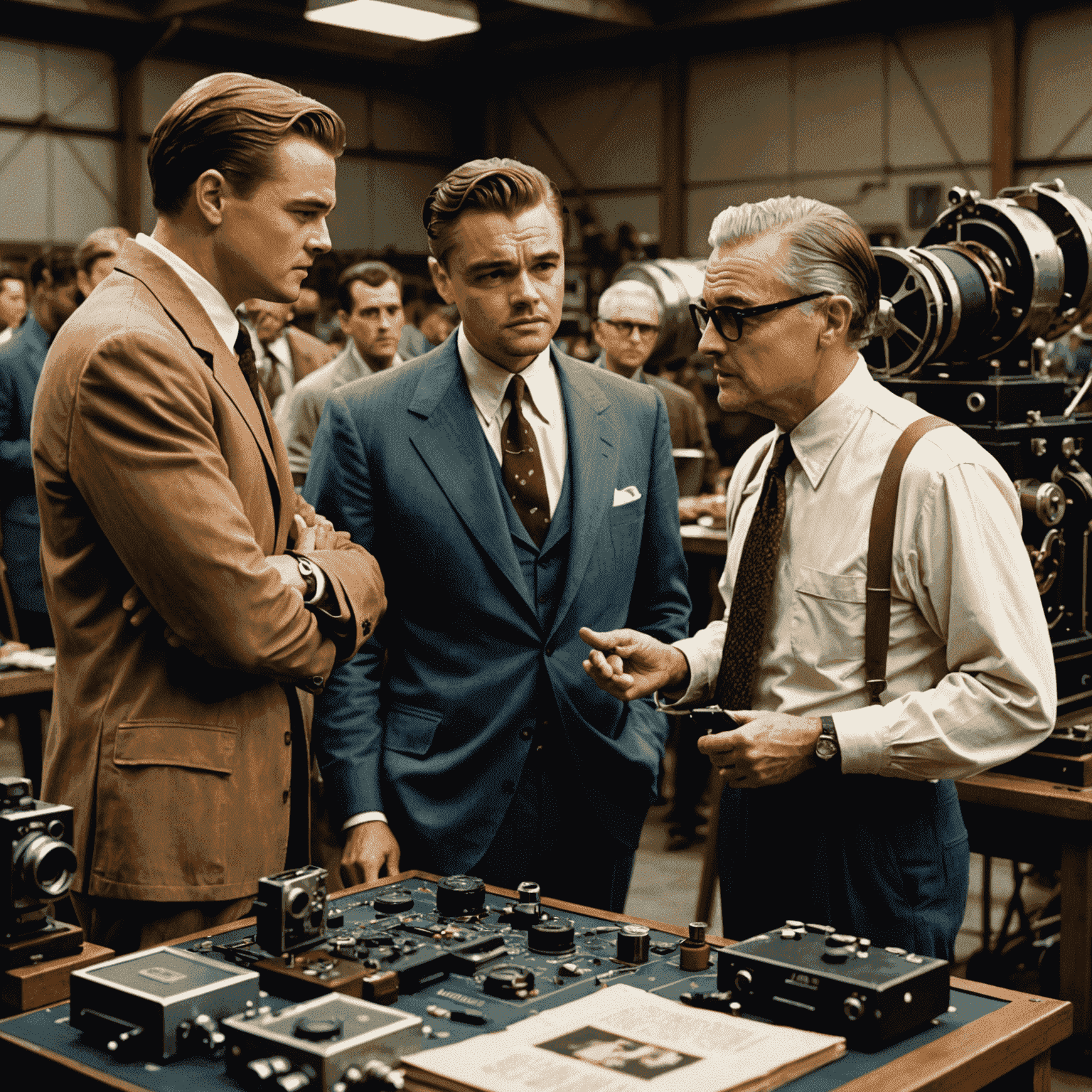 Leonardo DiCaprio and Martin Scorsese discussing a scene on the set of The Aviator, surrounded by vintage film equipment