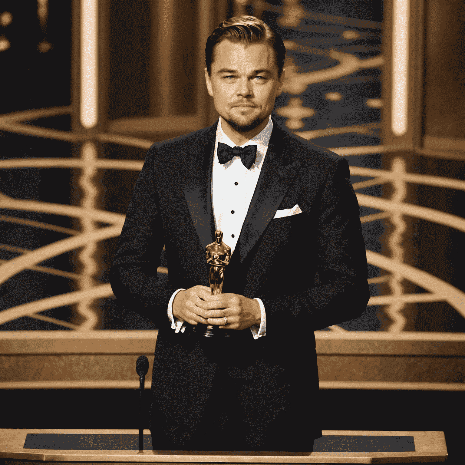 Leonardo DiCaprio at the Academy Awards ceremony, dressed in a tuxedo, holding his nomination for The Aviator