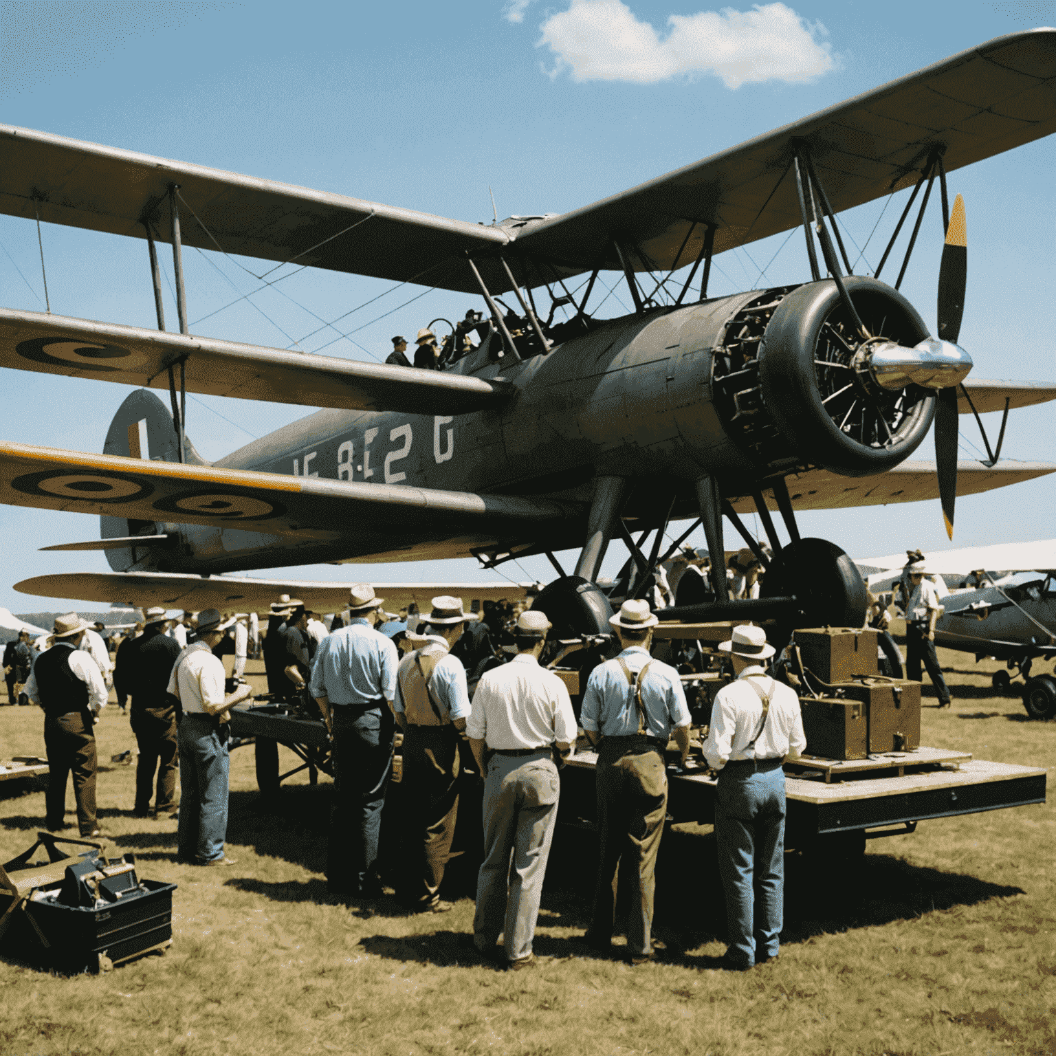 Film crew working on the set of The Aviator, with vintage airplanes and period costumes visible