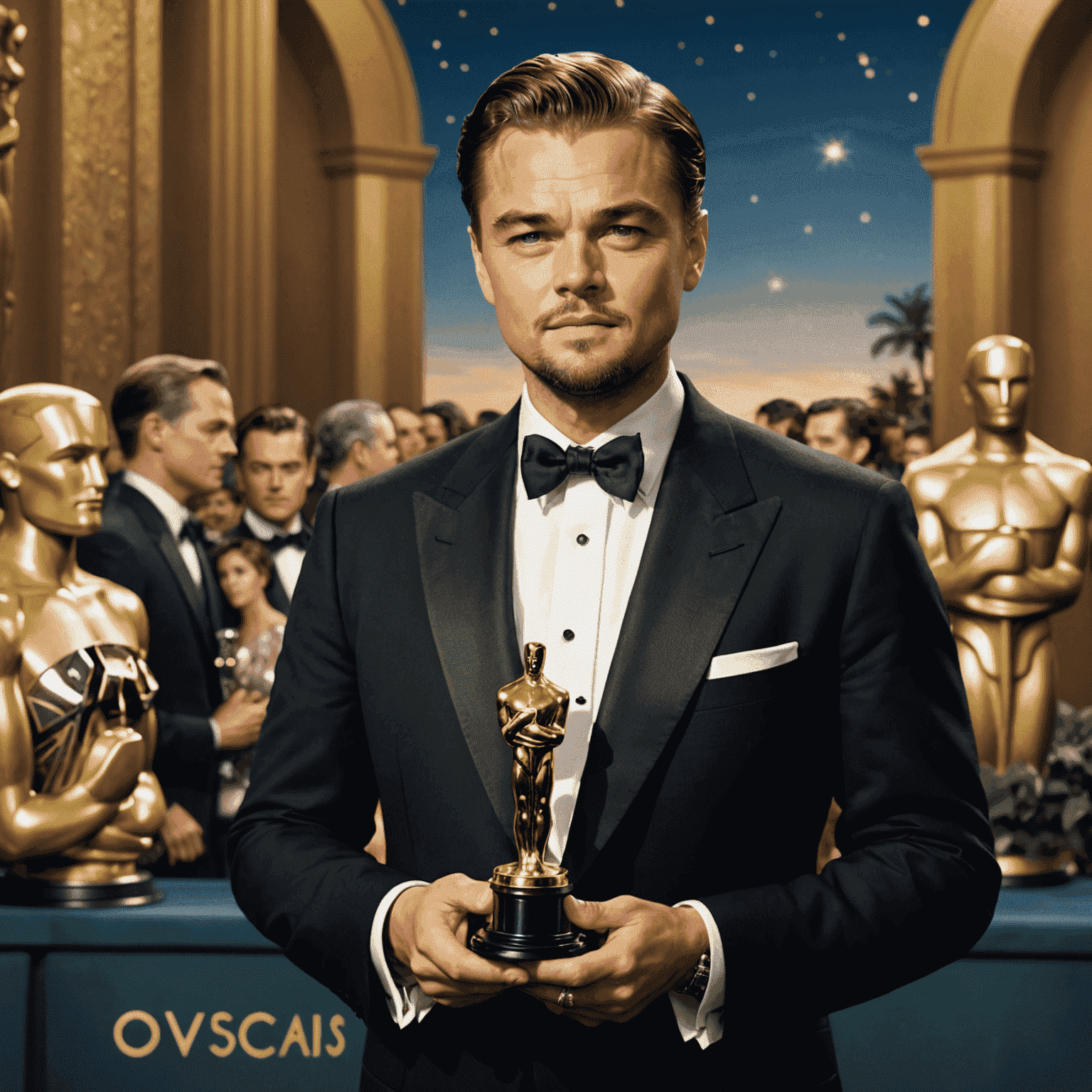 Leonardo DiCaprio holding his Oscar for The Aviator, with a montage of his subsequent film roles in the background