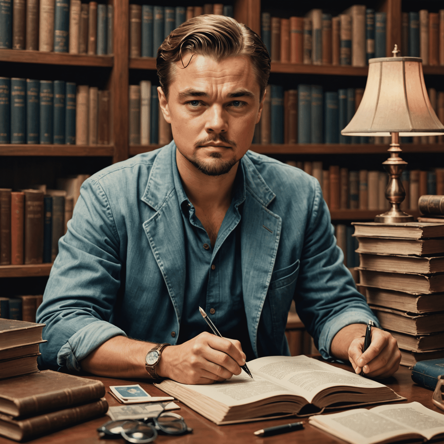 Leonardo DiCaprio studying scripts, surrounded by books and photographs of Howard Hughes