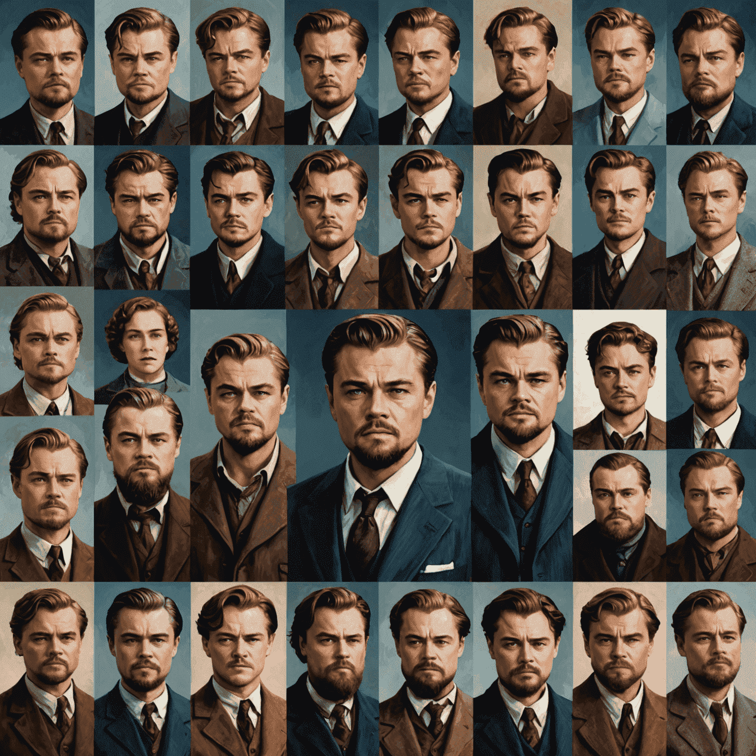 A collage of Leonardo DiCaprio in various iconic roles throughout his career, from Titanic to The Revenant